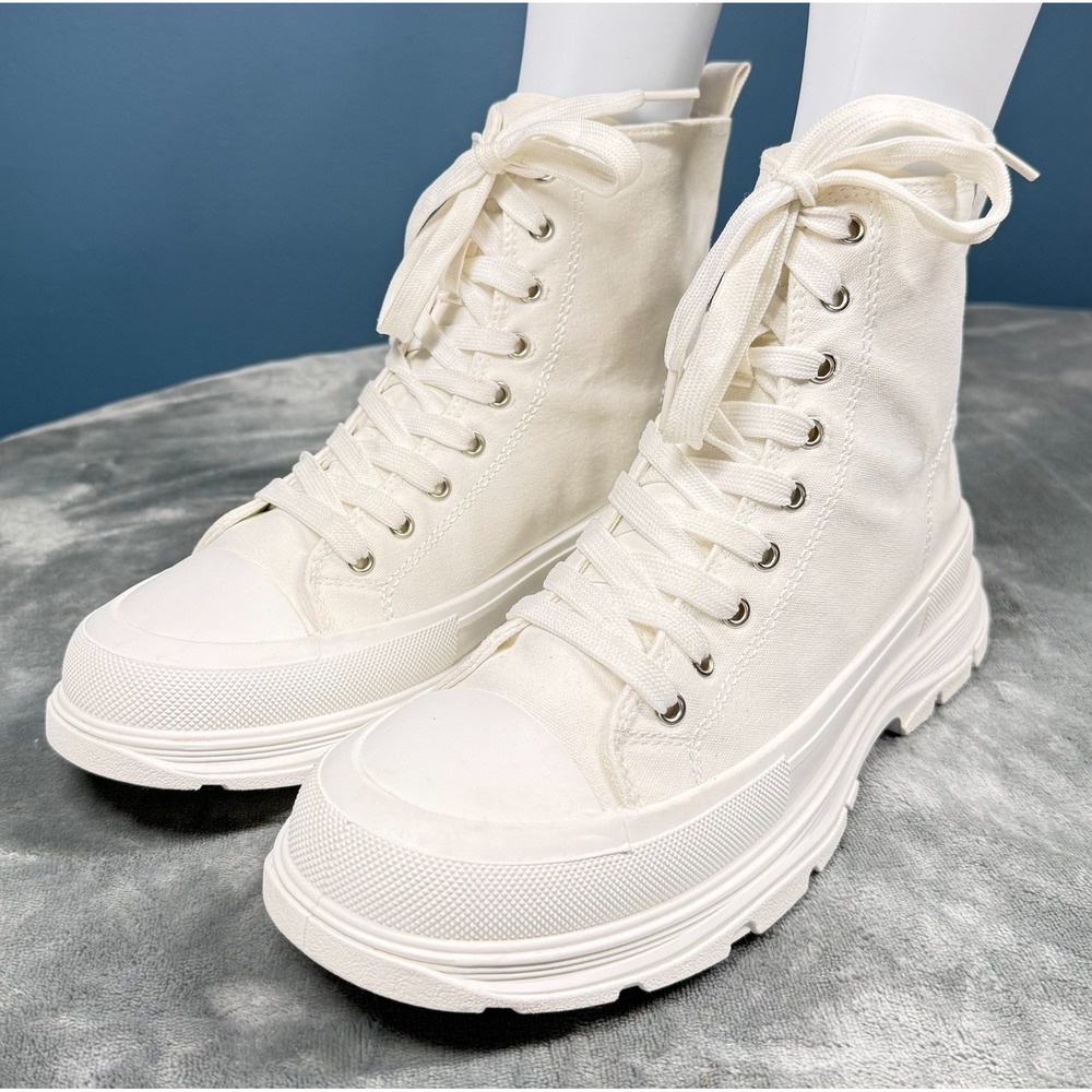 Sheln Platform Sneaker Boots Womens 9 White Canvas High Top Lace Up Chunky